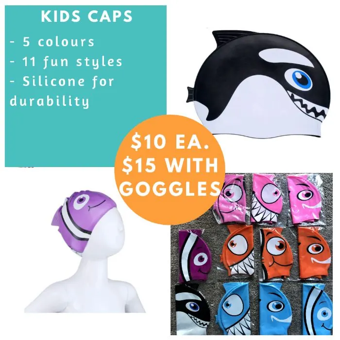 Silicone kids swim caps in fun designs